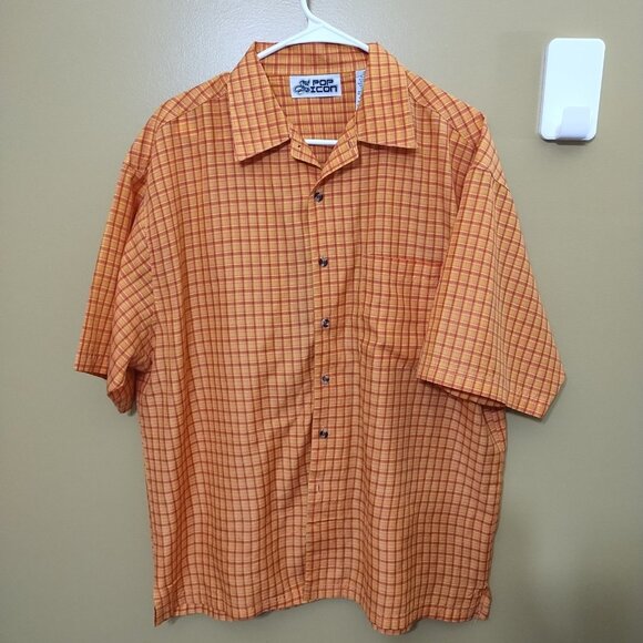 VTG 90s Pop Icon Short Sleeve Orange Plaid Button Down Shirt XL Grunge Skater - Picture 1 of 4
